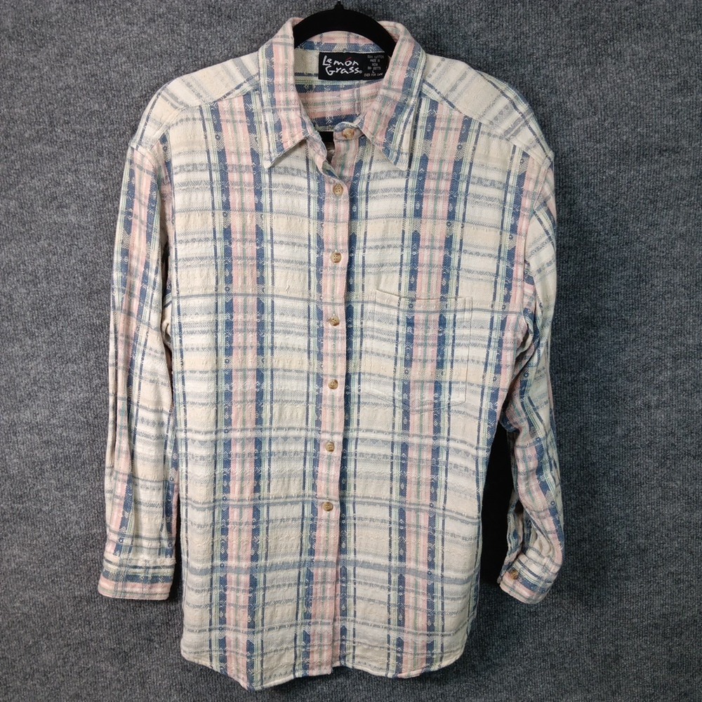 Lemon Grass Womens Plaid Button Up Shirt 100% Cotton Heavyweight Multicolor L